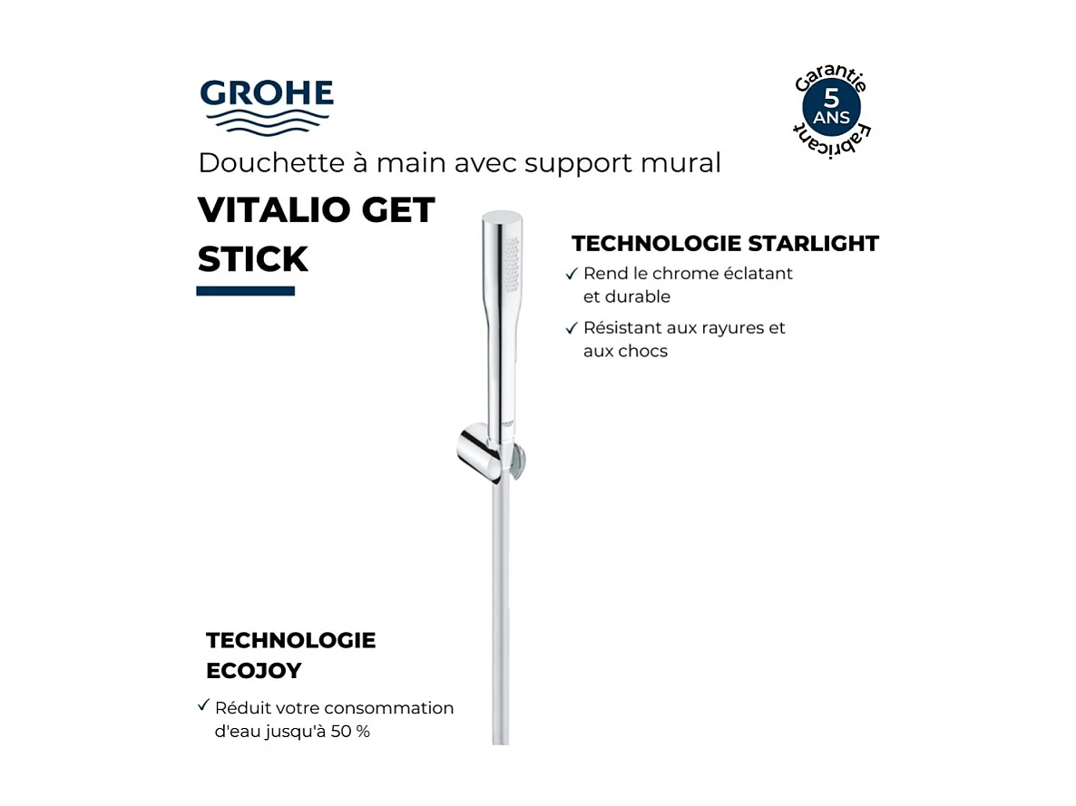 Pommeau de douche GROHE Quickfix Vitalio Get Stick avec support mural + nettoyant GrohClean