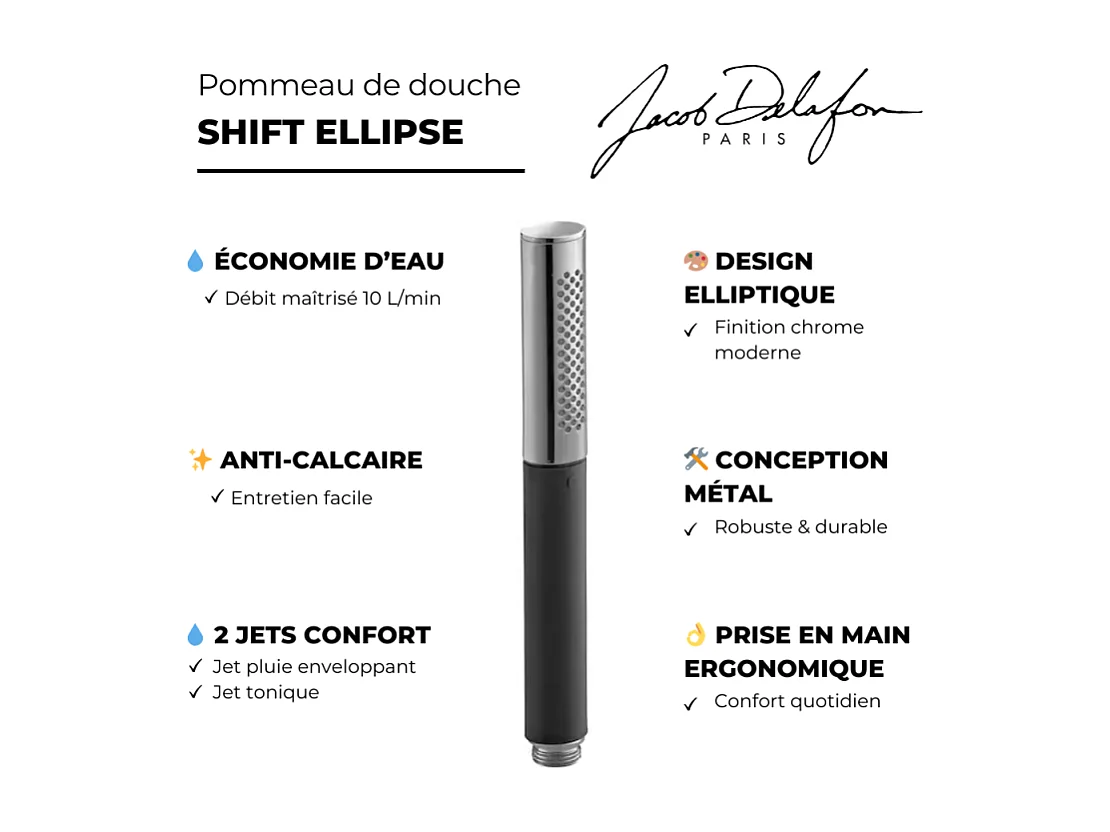 JACOB DELAFON Douchette 2 jets Shift Ellipse noir et chrome