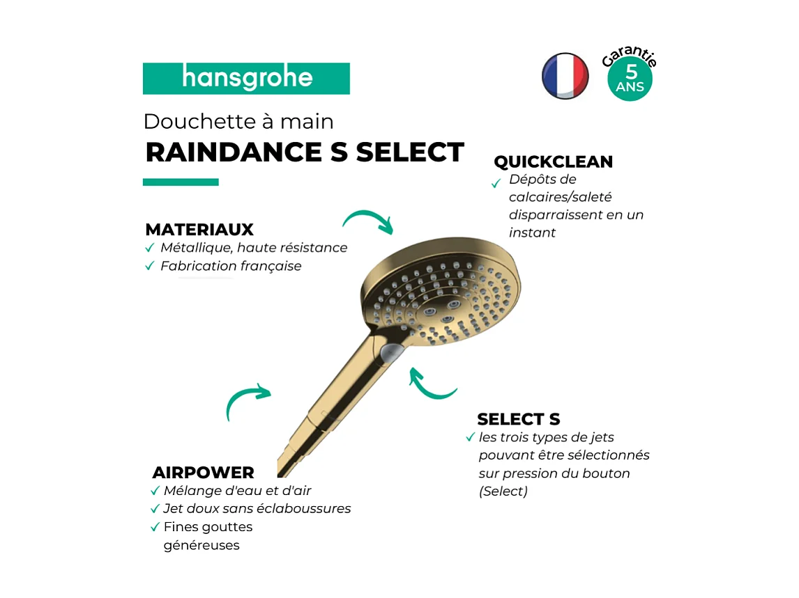 HANSGROHE Douchette à main Raindance Select S 120 3jet PowderRain aspect doré poli