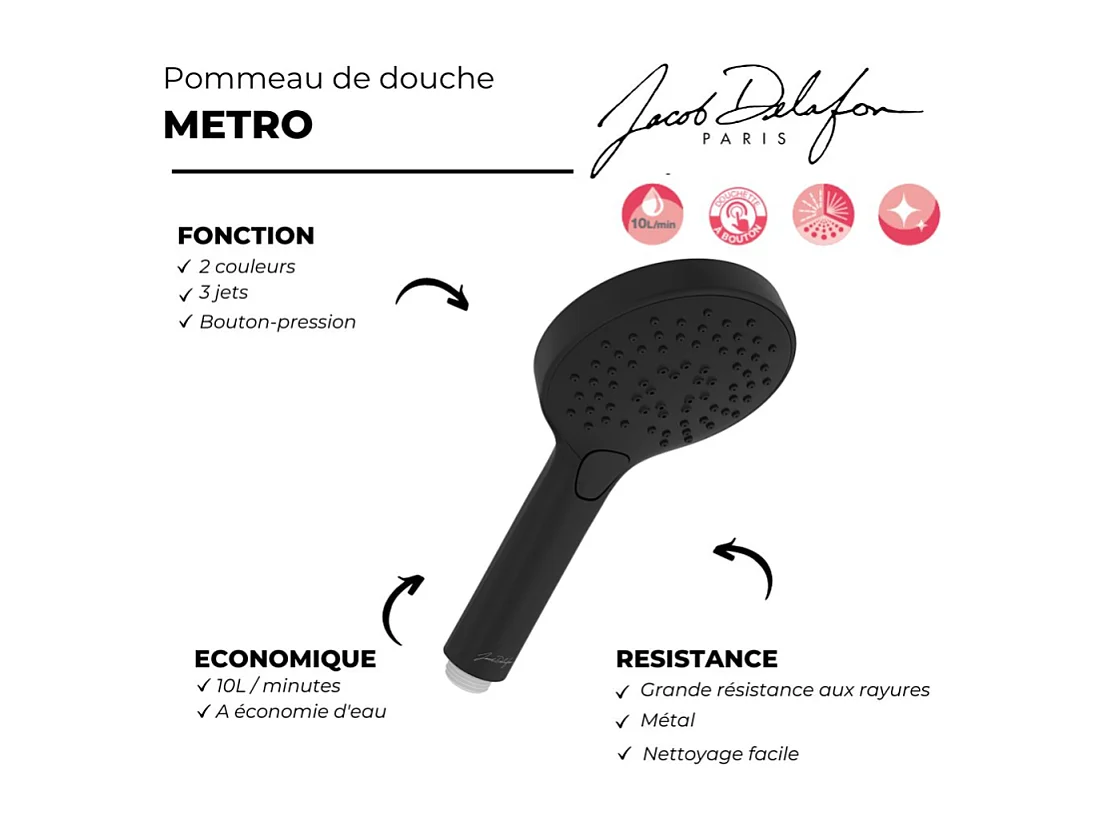 Pommeau de douche JACOB DELAFON Metro, 3 jets Noir mat