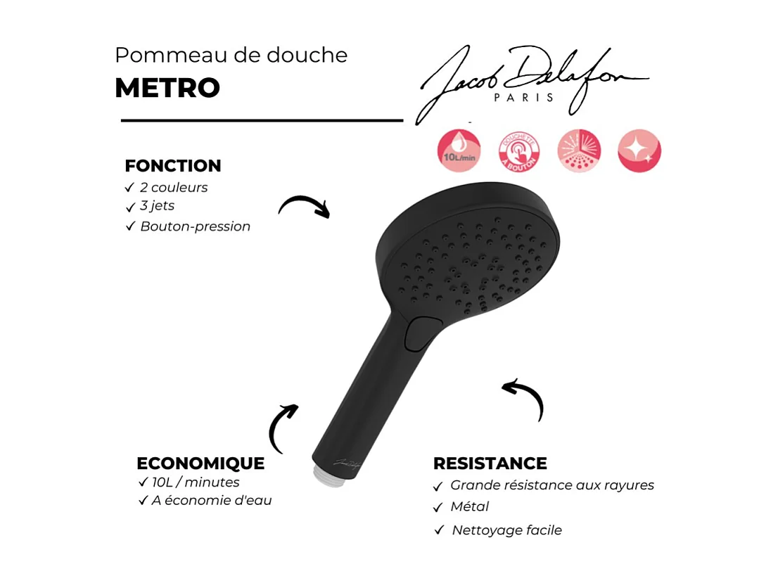 Pommeau de douche JACOB DELAFON Metro, 3 jets Noir mat