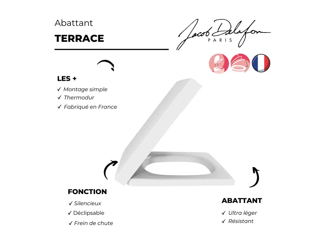 Abattant JACOB DELAFON Terrace, descente progressive et déclipsable, Blanc