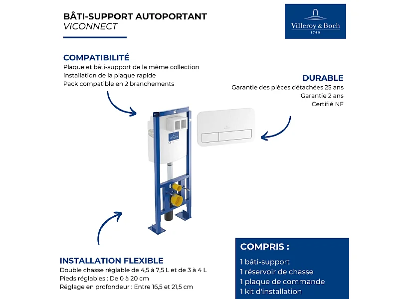 Bâti-support autoportant WC VILLEROY ET BOCH Viconnect avec plaque blanche
