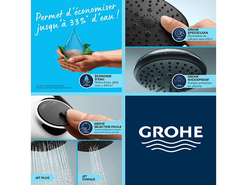 PACK Mitigeur thermostatique bain douche + pommeau de douche + Barre de douche + flexible GROHE Grotherm 800 et Tempesta