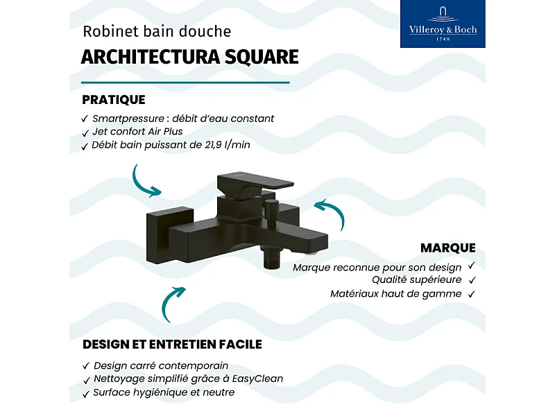 Mitigeur bain douche mécanique VILLEROY ET BOCH Architectura Square Noir mat