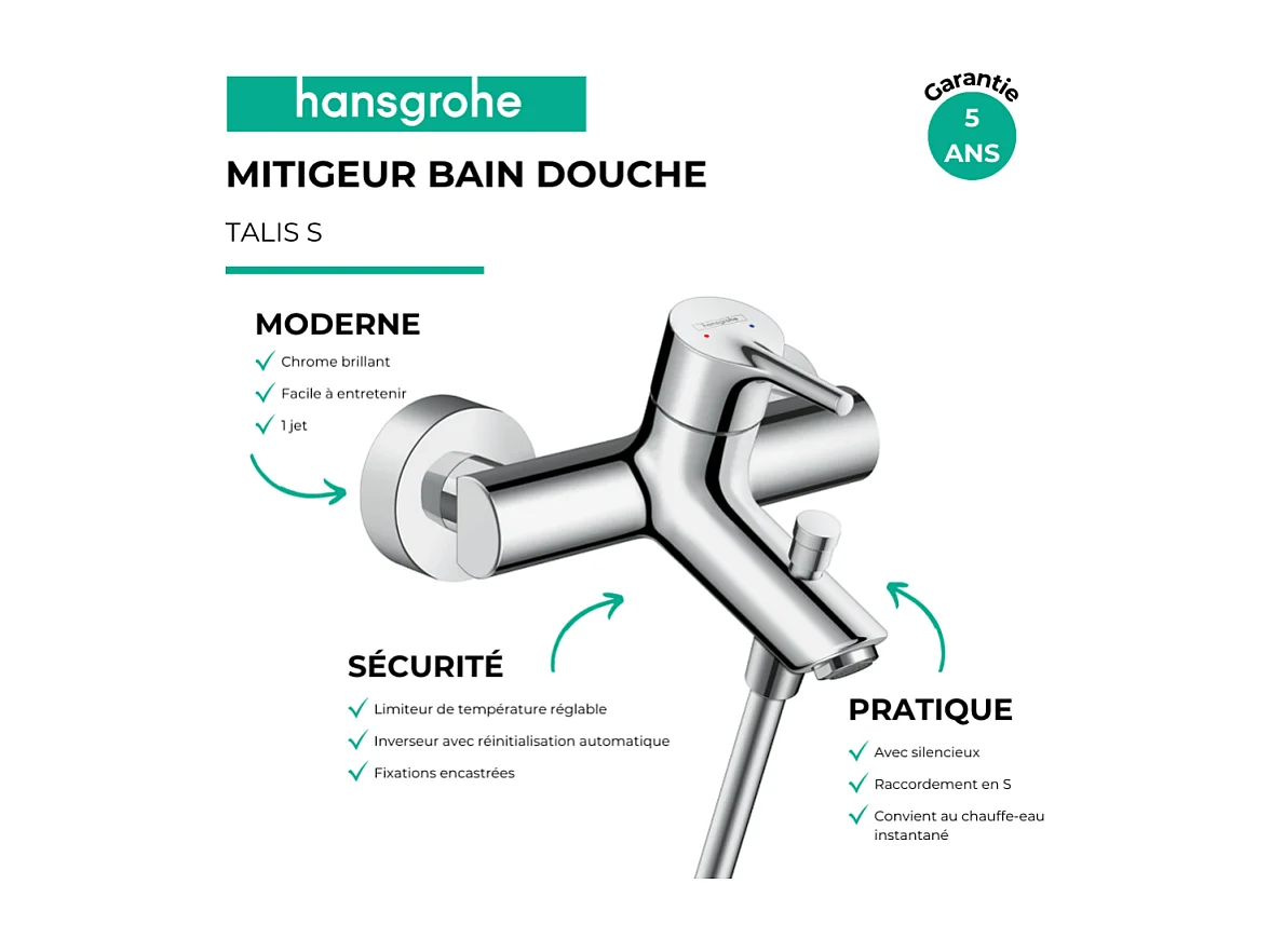 Mitigeur bain douche mécanique HANSGROHE Talis S chromé