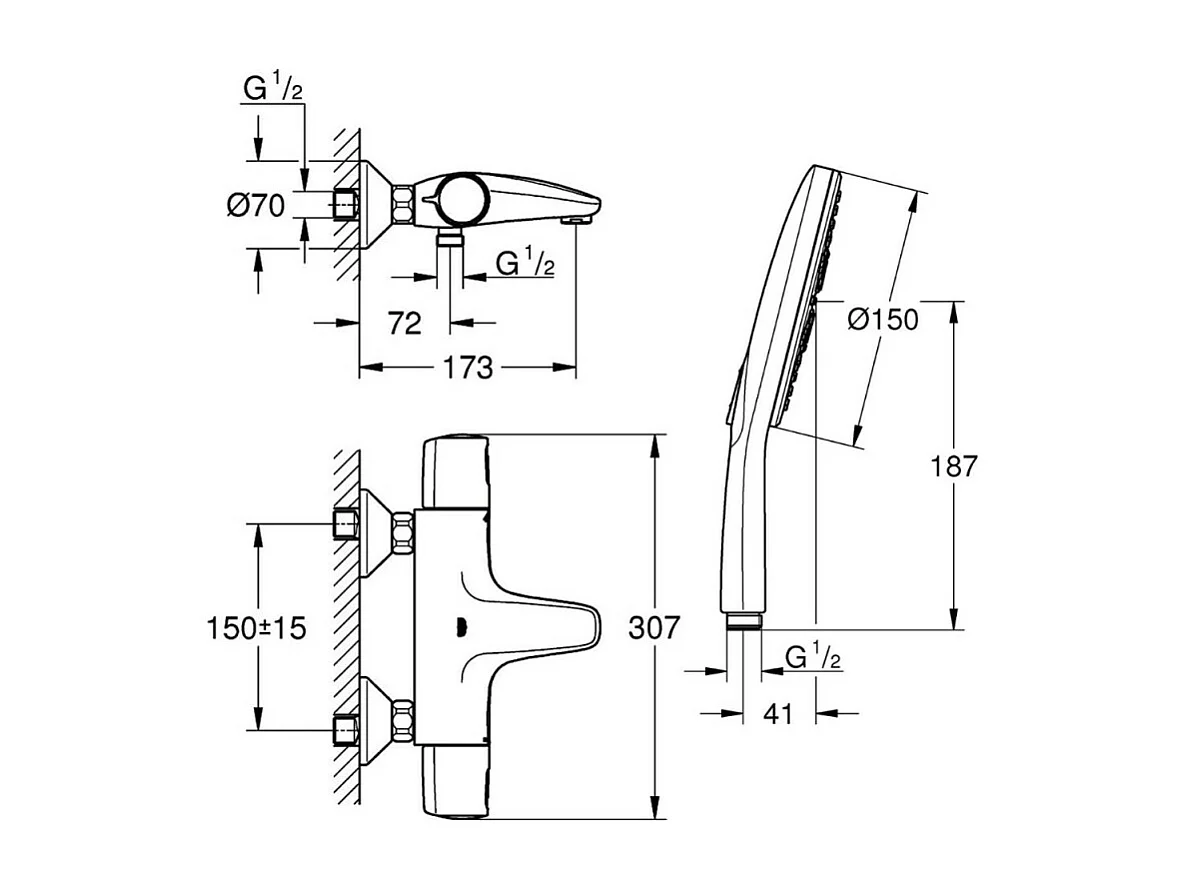 GROHE Mitigeur bain douche Precision Trend avec douchette 3jets Vitalio Smartactive 150 et flexible 200cm