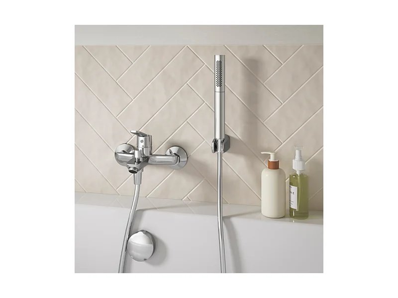 Mitigeur bain-douche Jacob Delafon Aimé chrome + Douchette Shift Ellipse 2 jets + Flexible lisse anti-torsion 1600