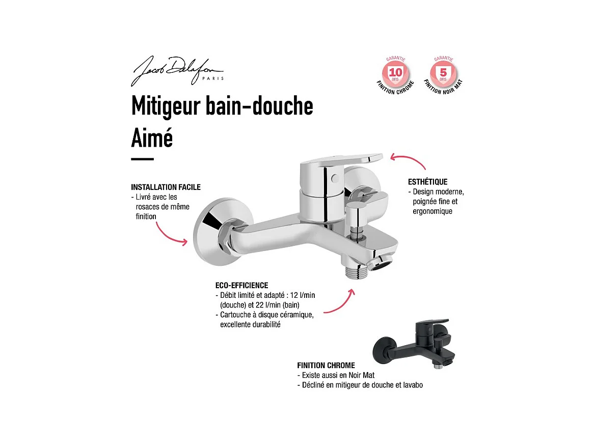 Mitigeur bain-douche Jacob Delafon Aimé chrome + Douchette Shift Ellipse 2 jets + Flexible lisse anti-torsion 1600