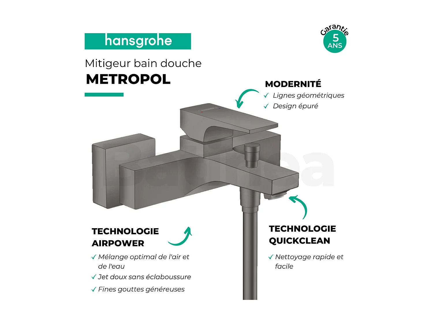 Mitigeur bain douche mécanique HANSGROHE Metropol noir chromé brossé
