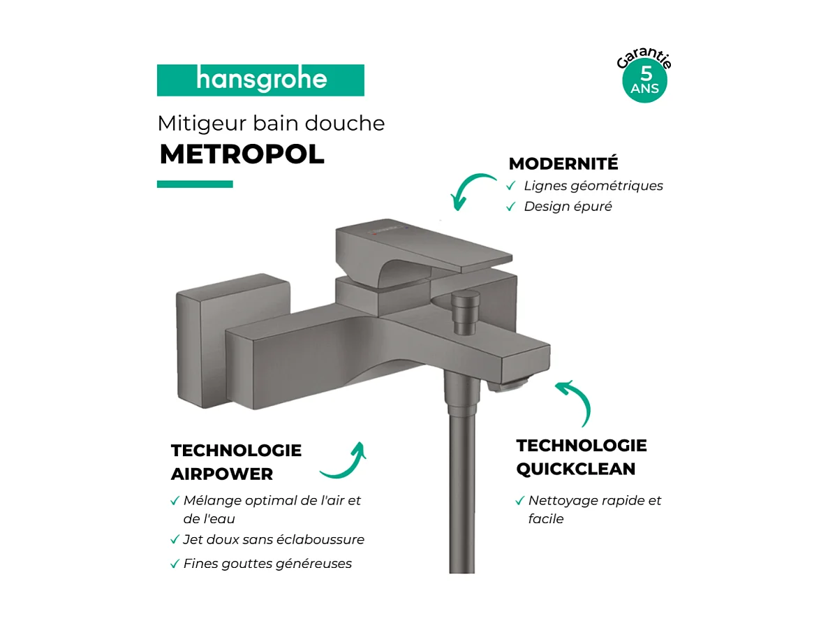 Mitigeur bain douche mécanique HANSGROHE Metropol noir chromé brossé