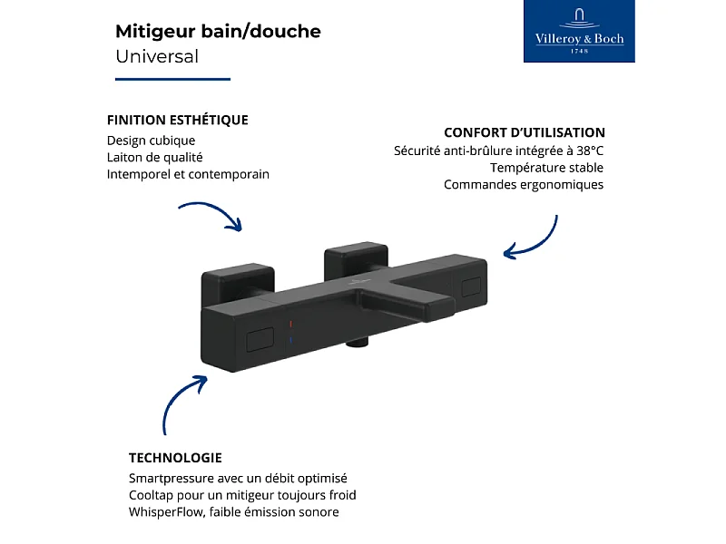 Mitigeur bain douche thermostatique VILLEROY ET BOCH Universal carré Noir mat