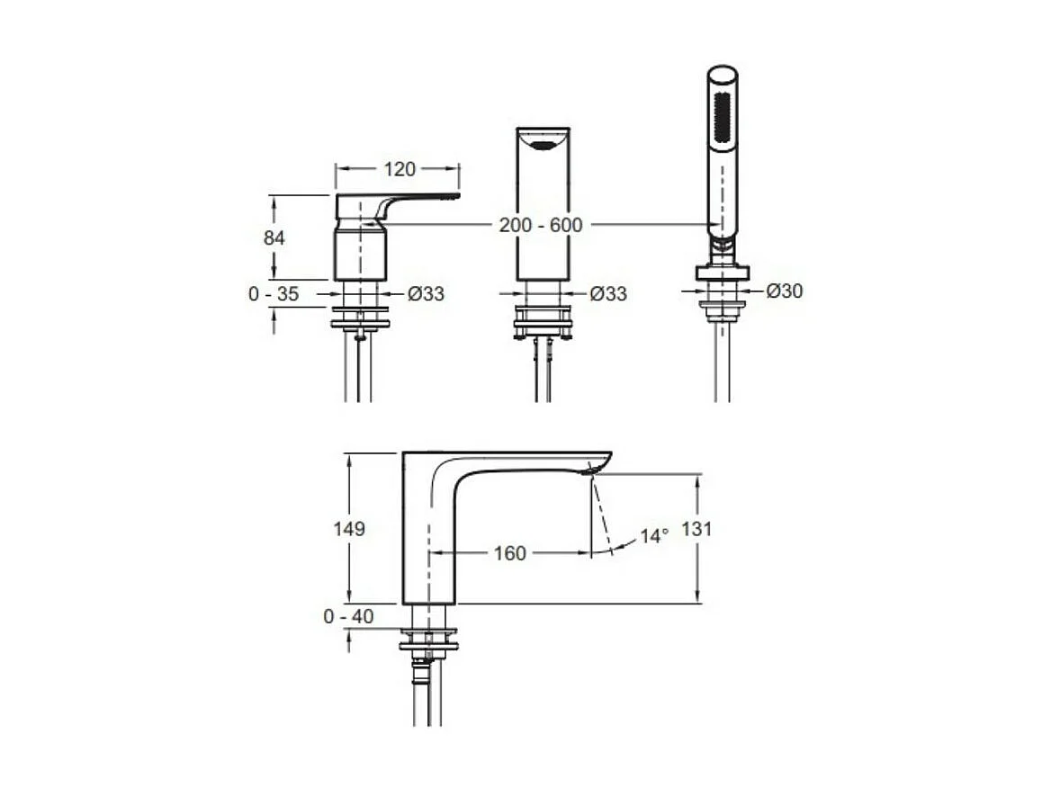 Mitigeur baignoire JACOB DELAFON Aleo+ 3 trous + pommeau de douche + flexible