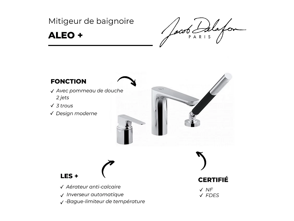 Mitigeur baignoire JACOB DELAFON Aleo+ 3 trous + pommeau de douche + flexible