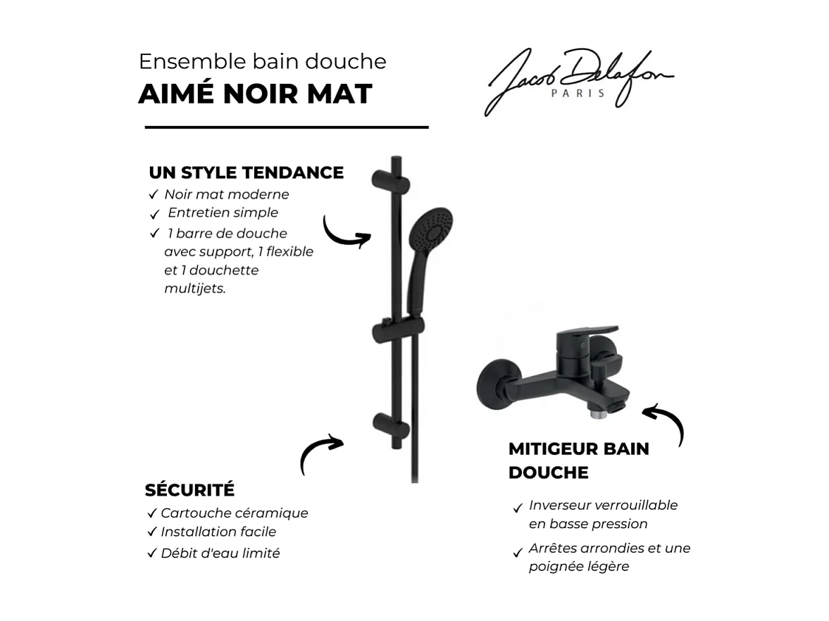 Pommeau douche 3 jets + mitigeur bain douche mural + barre douche + flexible JACOB DELAFON Aimé noir