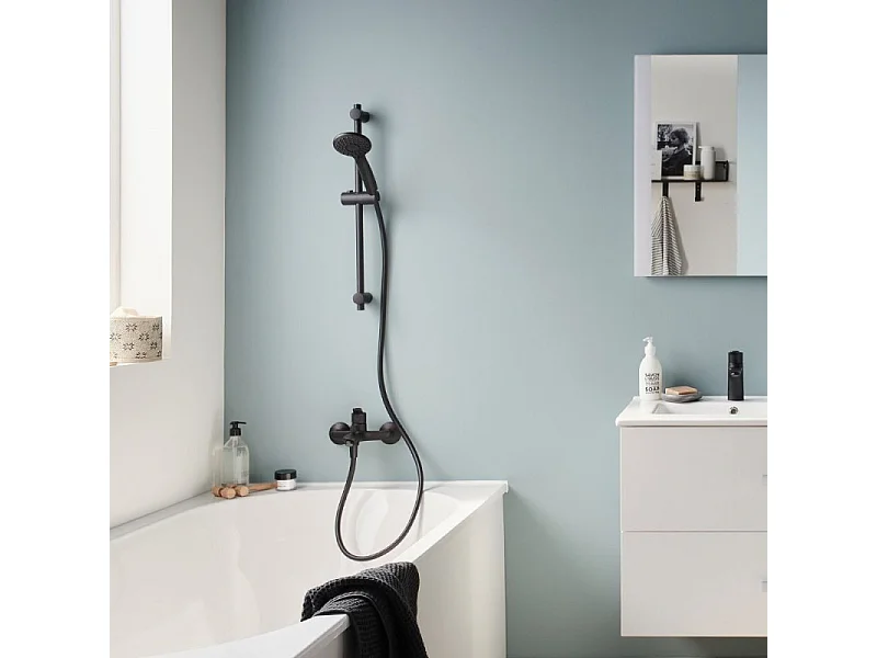 Pommeau douche 3 jets + mitigeur bain douche mural + barre douche + flexible JACOB DELAFON Aimé noir