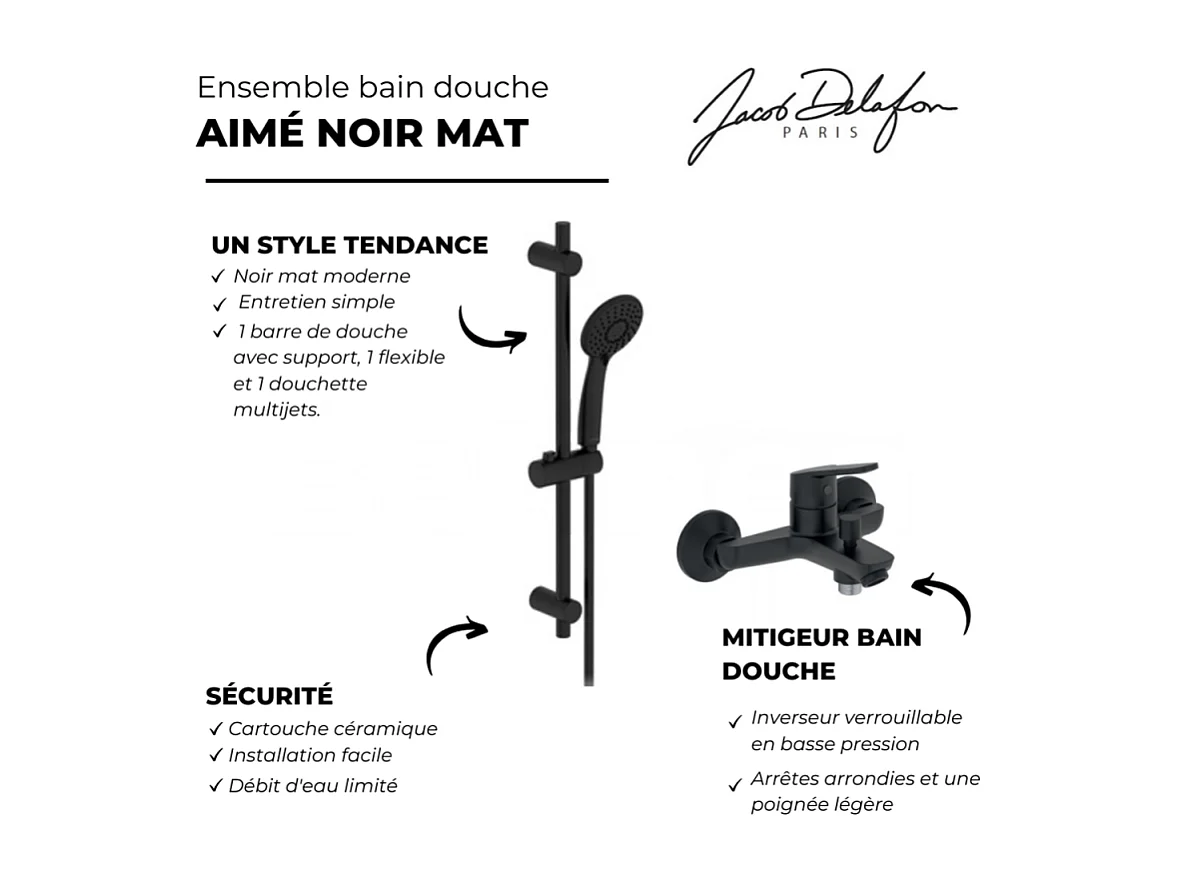 Pommeau douche 3 jets + mitigeur bain douche mural + barre douche + flexible JACOB DELAFON Aimé noir