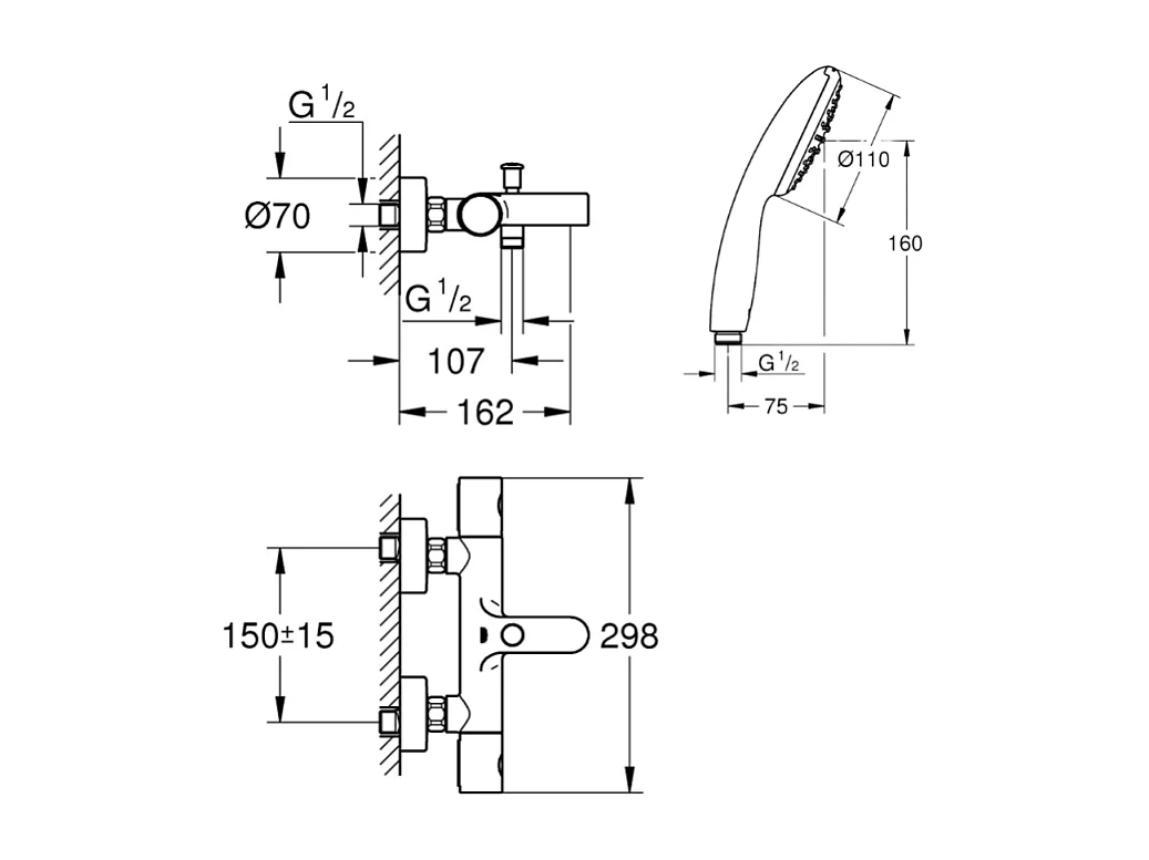 Pack mitigeur bain douche thermostatique GROHE Precision Get +  Douchette GROHE Vitalio Start 100 + Flexible 2000