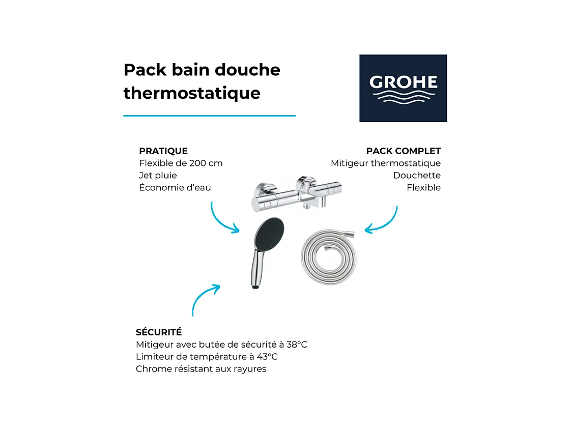 Pack mitigeur bain douche thermostatique GROHE Precision Get +  Douchette GROHE Vitalio Start 100 + Flexible 2000