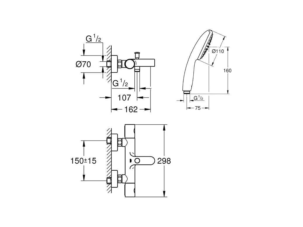 Pack mitigeur bain douche thermostatique GROHE Precision Get +  Douchette GROHE Vitalio Start 100 + Flexible 2000