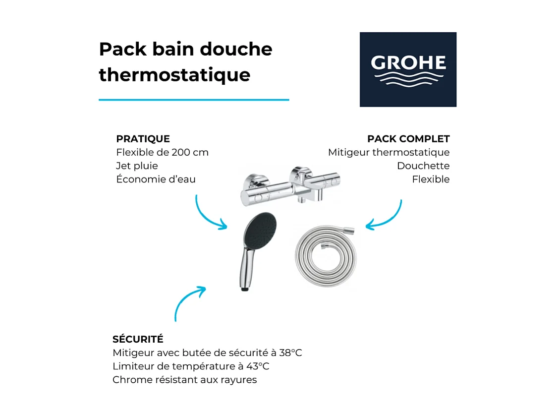 Pack mitigeur bain douche thermostatique GROHE Precision Get +  Douchette GROHE Vitalio Start 100 + Flexible 2000