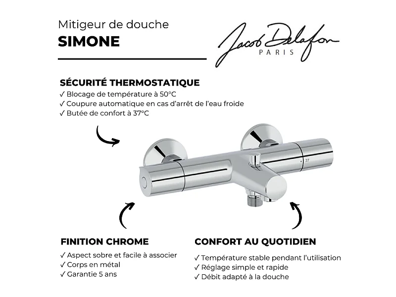 Jacob Delafon mitigeur thermostatique bain douche mural Simone Chrome