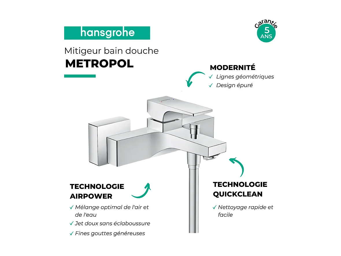 Mitigeur bain douche mécanique HANSGROHE Metropol chromé