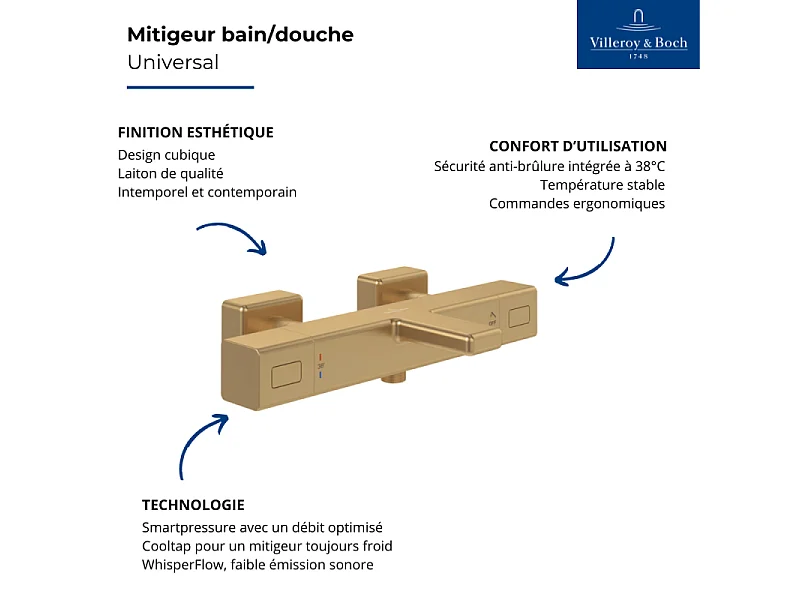 Mezclador termostático para bañera y ducha VILLEROY ET BOCH Universal Grifería cuadrado Oro Cepillado