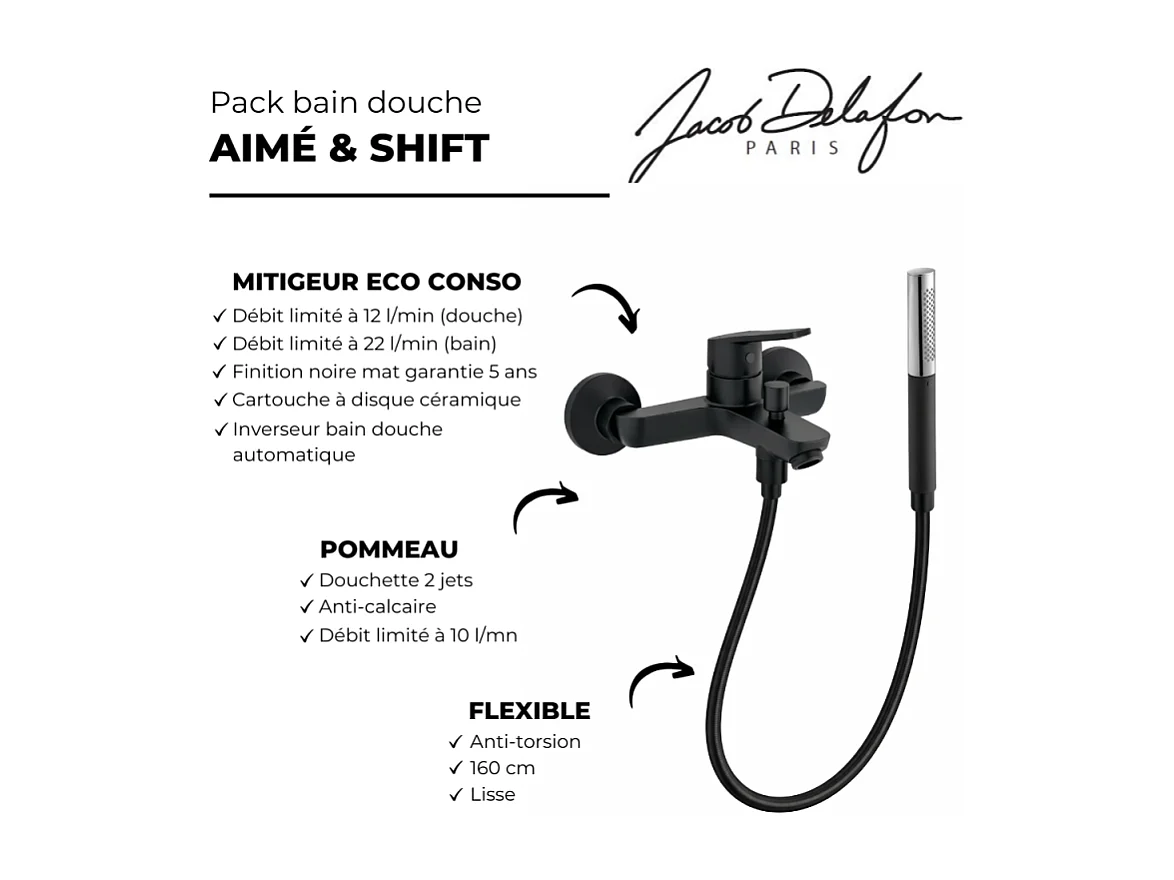 JACOB DELAFON Douchette stick Shift Ellipse noir et chrome avec mitigeur bain douche et flexible lisse anti-torsion Noir