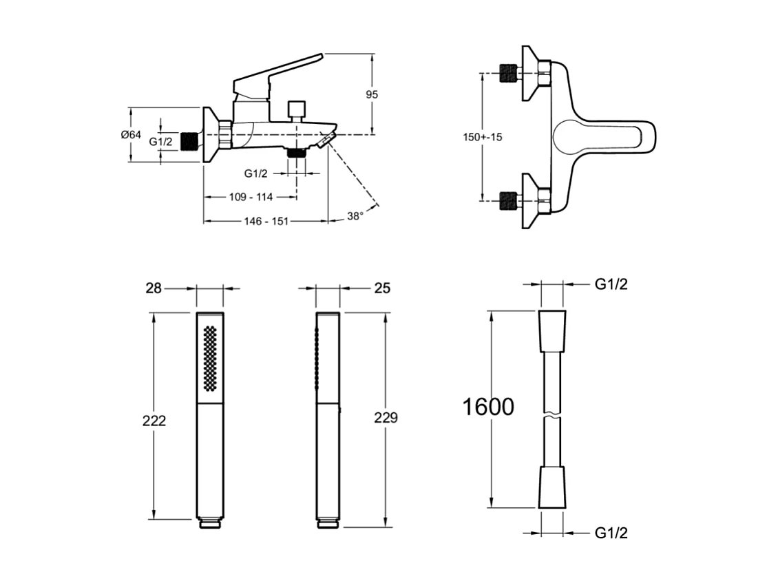 JACOB DELAFON Douchette stick Shift Ellipse noir et chrome avec mitigeur bain douche et flexible lisse anti-torsion Noir