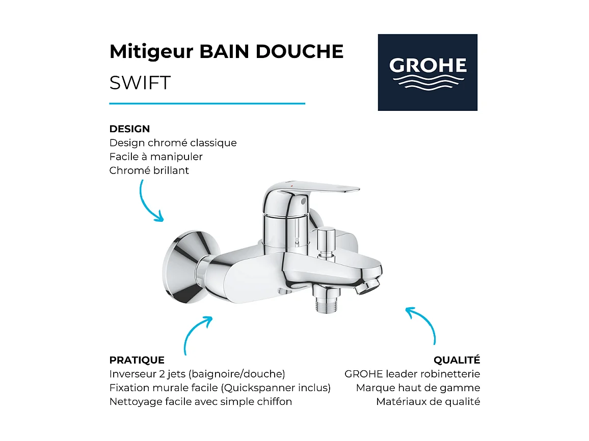 Mitigeur bain mécanique GROHE Bauloop avec ensemble de douche GROHE Vitalio Start