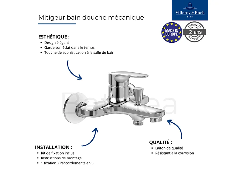 Mitigeur bain douche mécanique VILLEROY ET BOCH O novo Start Chrome