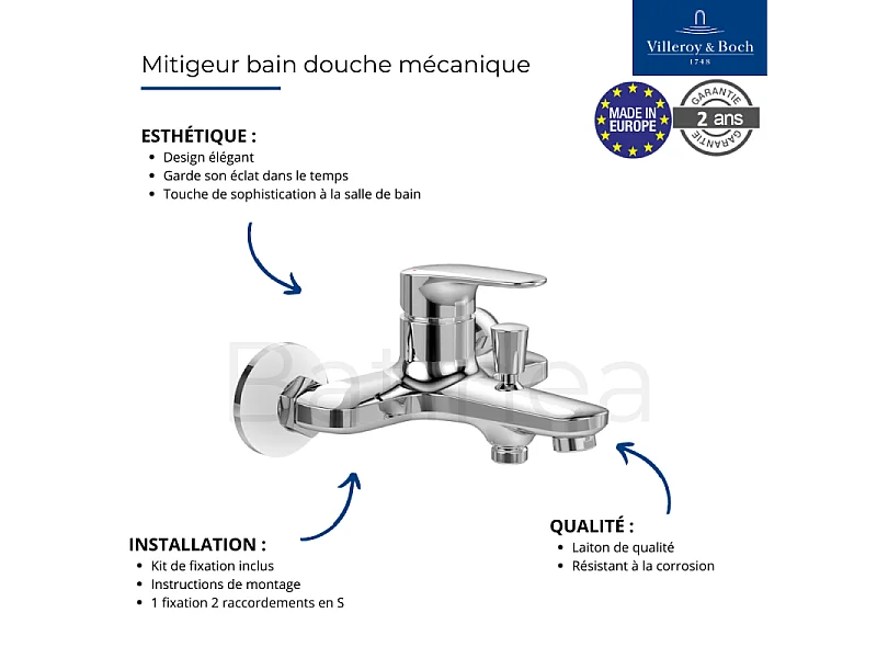 Mitigeur bain douche mécanique VILLEROY ET BOCH O novo Start Chrome