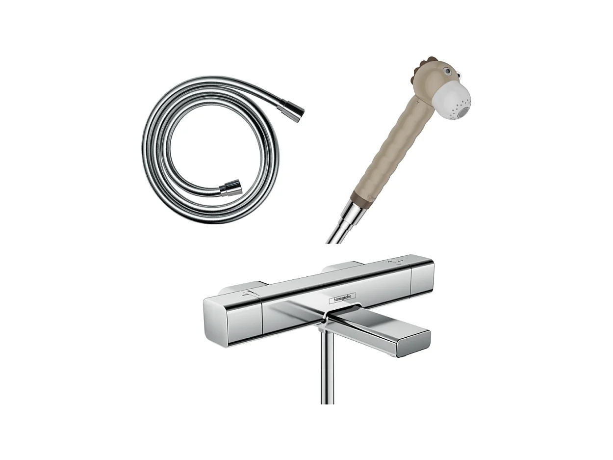 Mitigeur bain douche Ecostat E HANSGROHE + pommeau Jocolino lion + flexible Isiflex 160 cm