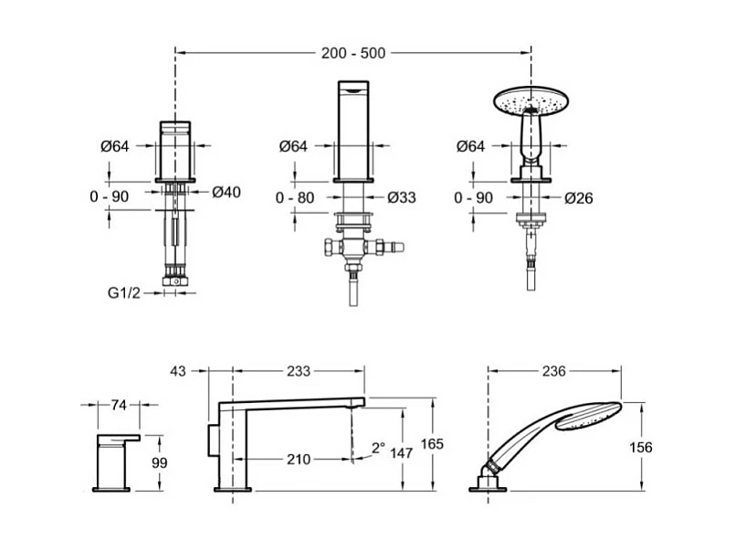 Jacob Delafon  - Mitigeur bain-douche 3 trous sur gorge - collection Composed finition titanium