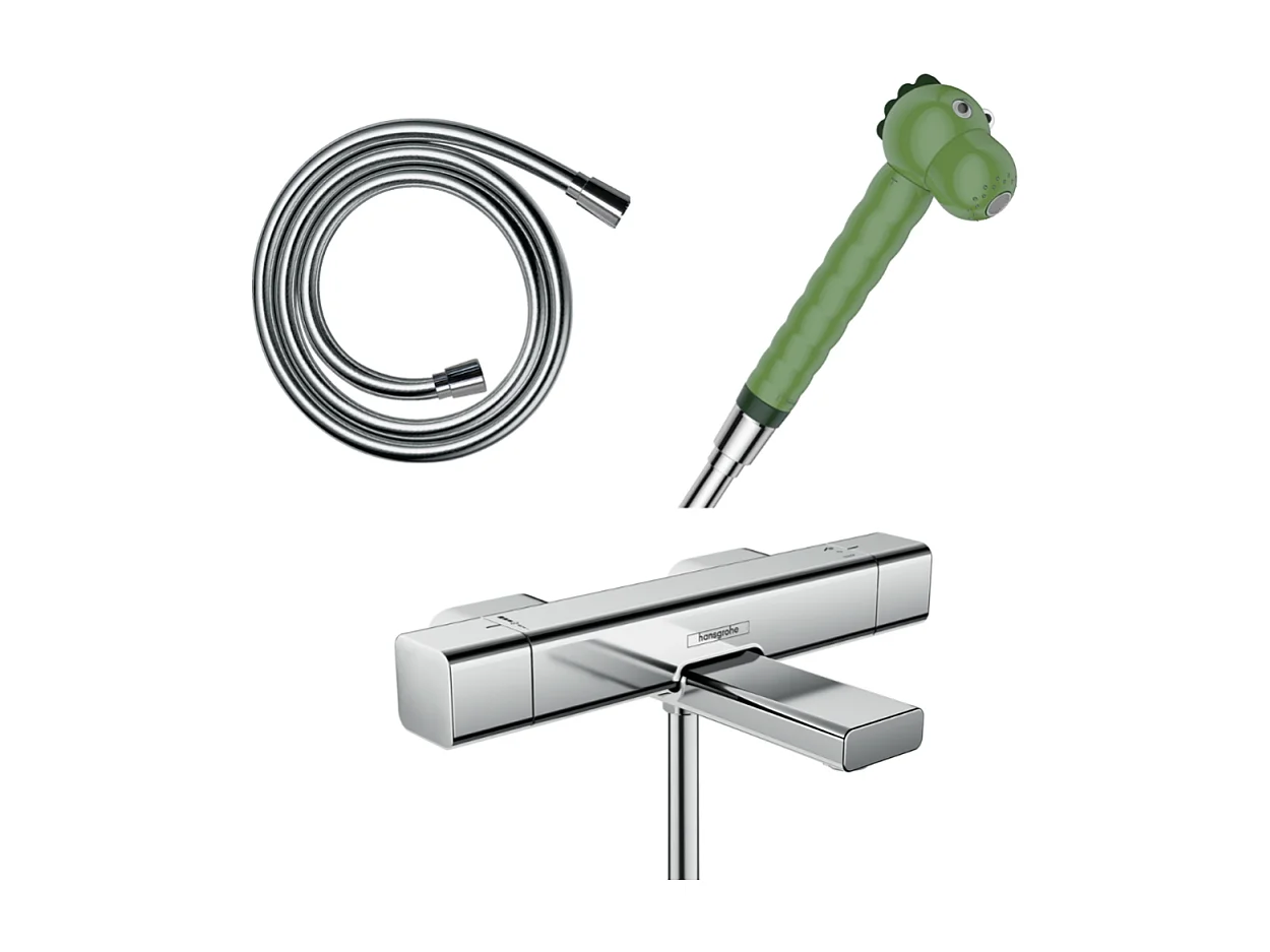 Mitigeur bain douche Ecostat E HANSGROHE + pommeau Jocolino crocodile + flexible Isiflex 160 cm