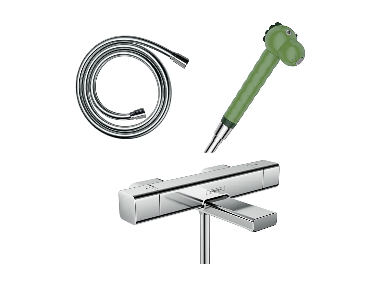 Mitigeur bain douche Ecostat E HANSGROHE + pommeau Jocolino crocodile + flexible Isiflex 160 cm