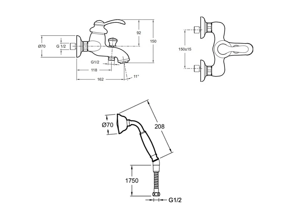 Jacob Delafon - Ensemble Mitigeur Bain Douche mécanique mural avec douchette et flexible Fairfax