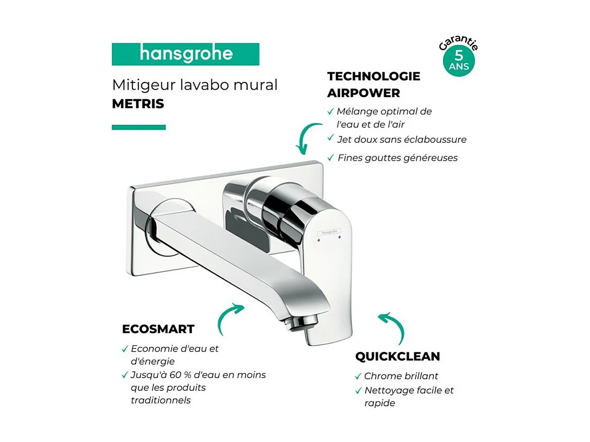 HANSGROHE Mitigeur lavabo encastré mécanique Metris 225 mm + corps encastré