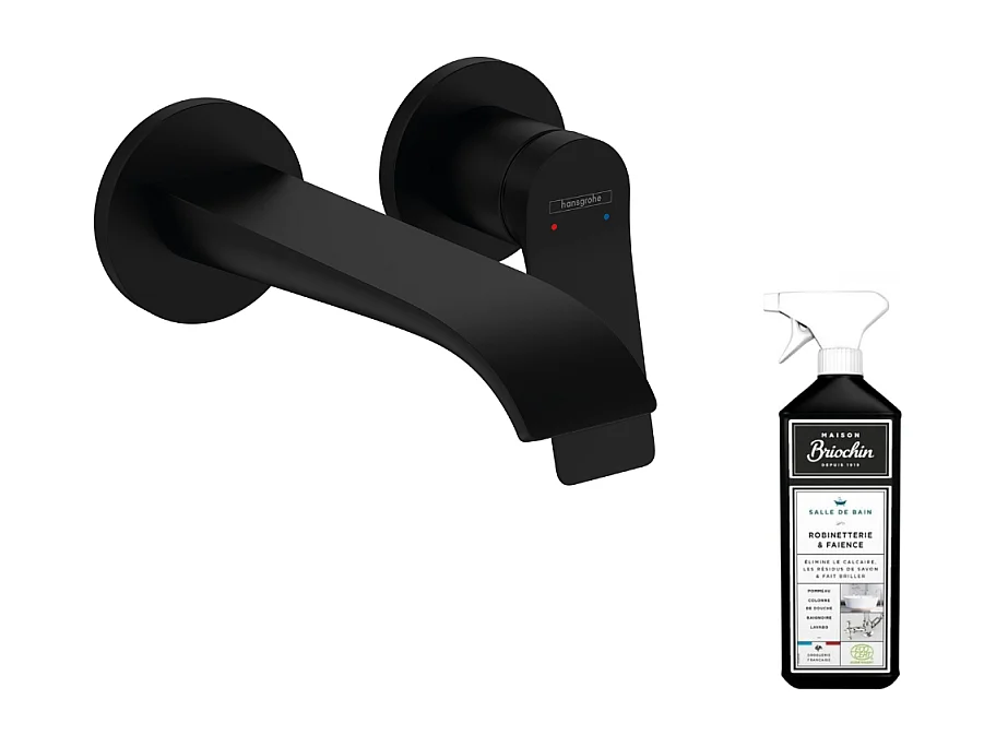 Mitigeur lavabo mural  HANSGROHE bec 195 mm noir mat + nettoyant Briochin