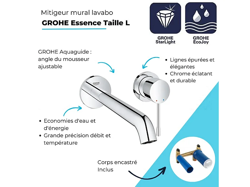 Mitigeur mural lavabo GROHE Essence avec corps encastré L Chromé