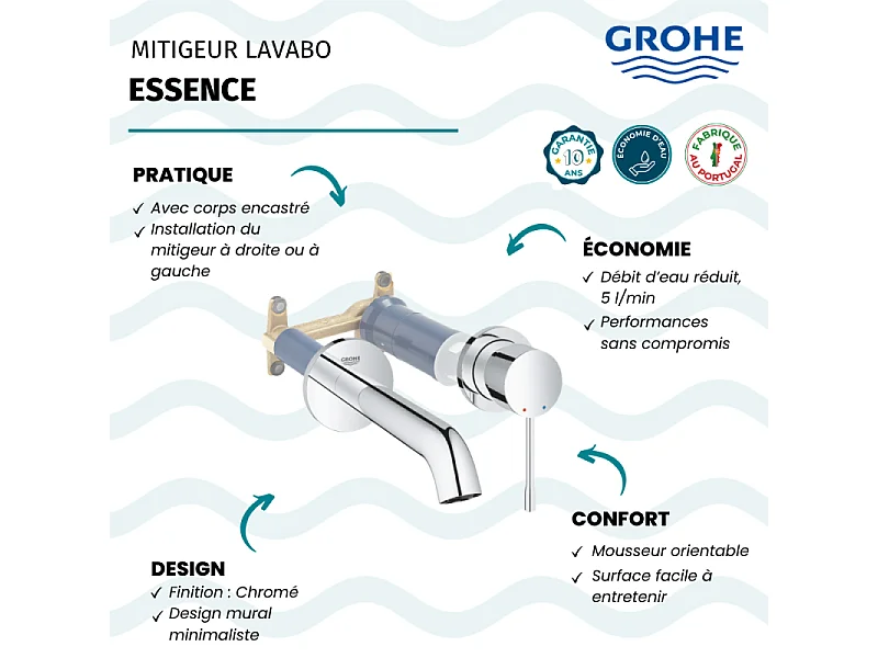 Mitigeur mural lavabo GROHE Essence Taille L chromé avec corps encastré