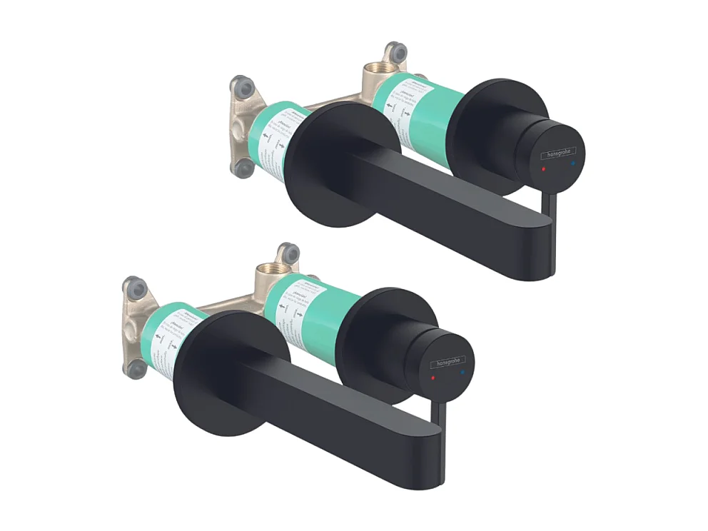 Lot de 2 mitigeurs lavabo mural HANSGROHE Finoris 165 mm + bonde à écoulement libre Noir mat + Corps encastré