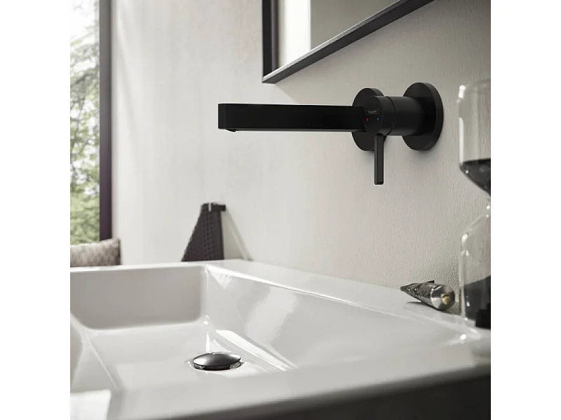 Lot de 2 mitigeurs lavabo mural HANSGROHE Finoris 165 mm + bonde à écoulement libre Noir mat + Corps encastré
