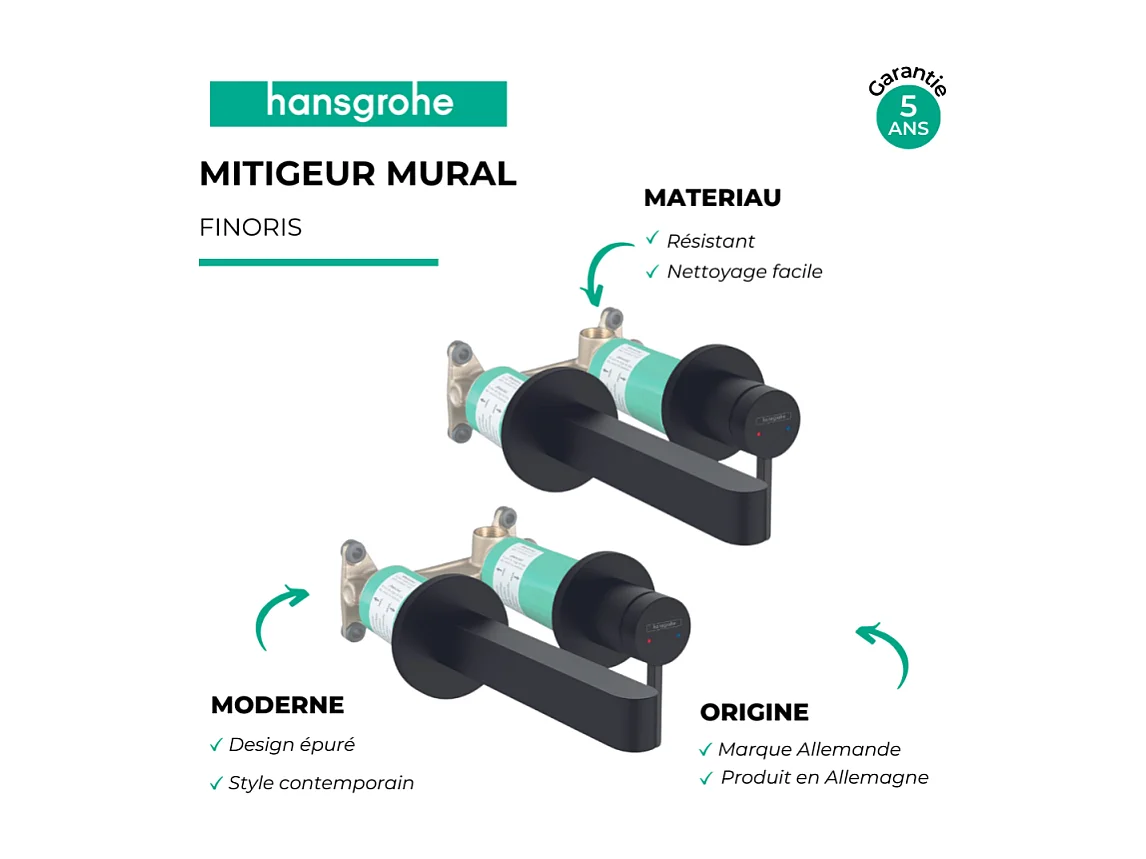 Lot de 2 mitigeurs lavabo mural HANSGROHE Finoris 165 mm + bonde à écoulement libre Noir mat + Corps encastré