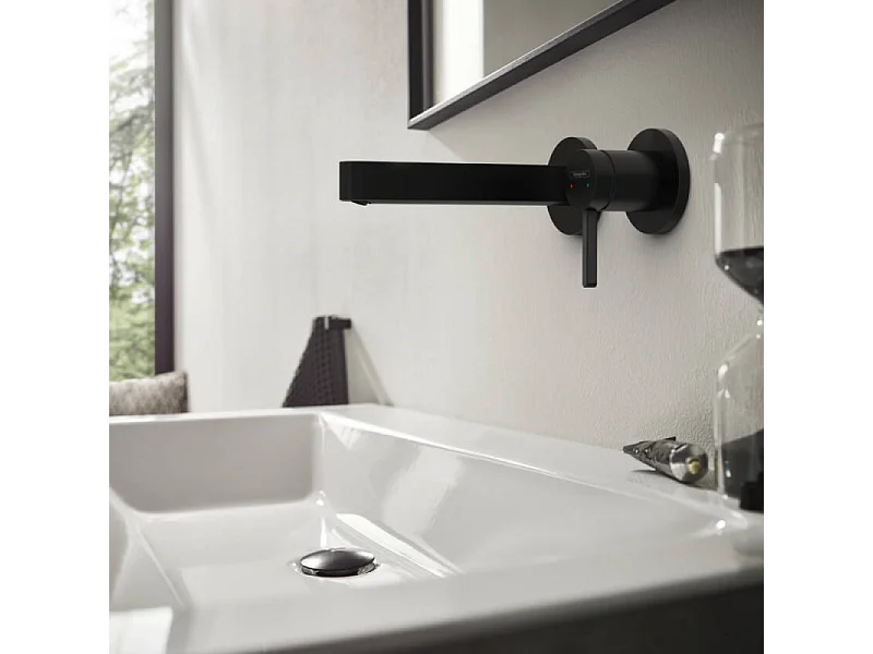 Lot de 2 mitigeurs lavabo mural HANSGROHE Finoris 165 mm + bonde à écoulement libre Noir mat + Corps encastré