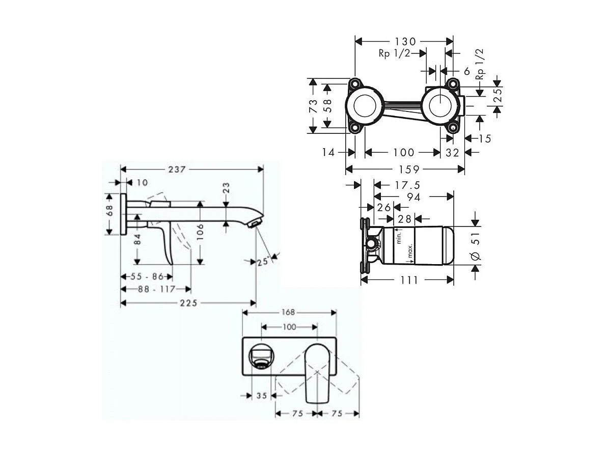 Mitigeur lavabo mural HANSGROHE Metris + corps encastré Economie d'eau