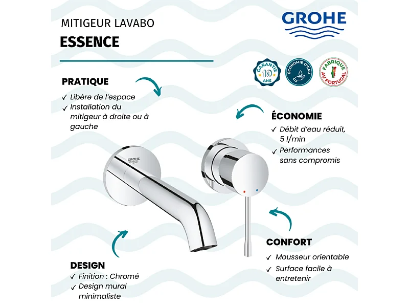 Mitigeur mural lavabo GROHE Essence Taille L chromé
