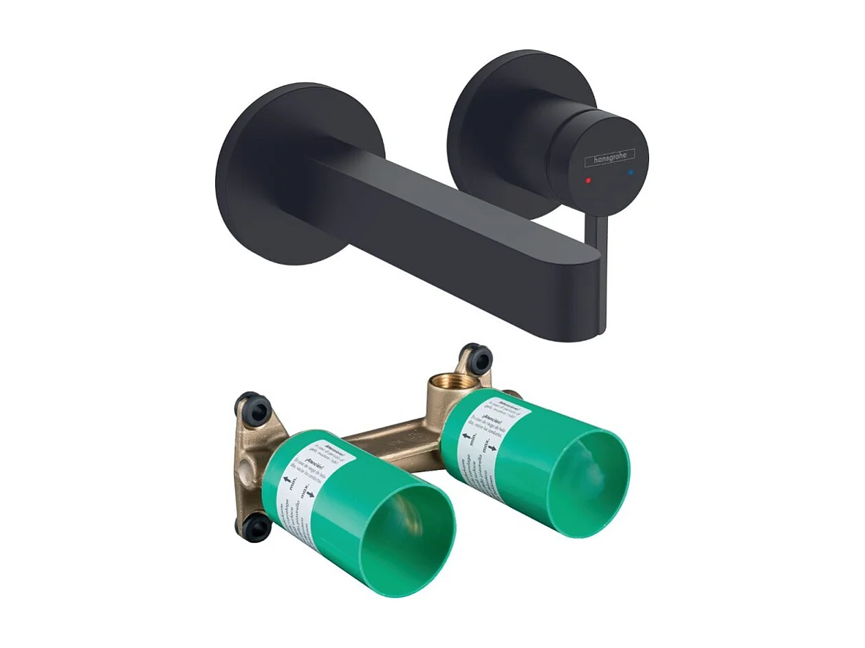 Mitigeur lavabo mural HANSGROHE Finoris 165 mm + bonde à écoulement libre Noir mat + Corps encastré