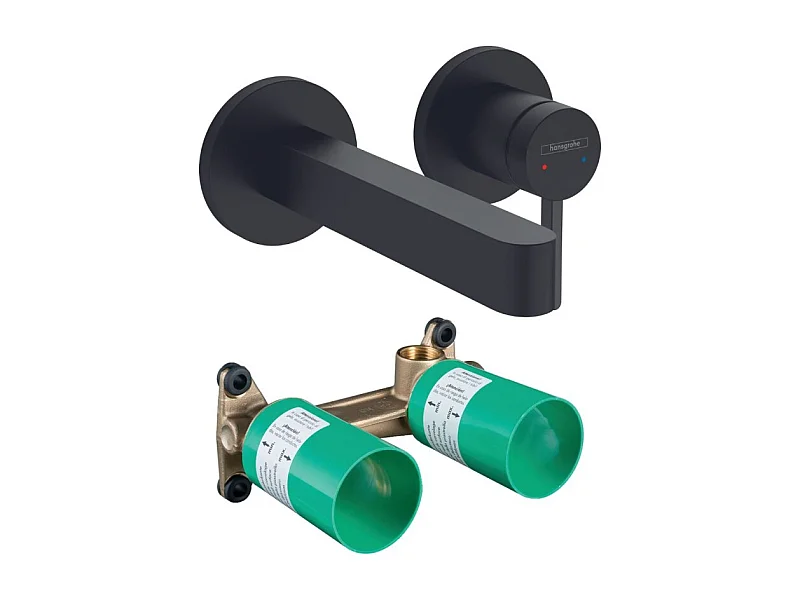 Mitigeur lavabo mural HANSGROHE Finoris 165 mm + bonde à écoulement libre Noir mat + Corps encastré